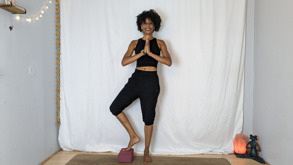 Tree pose with block under foot